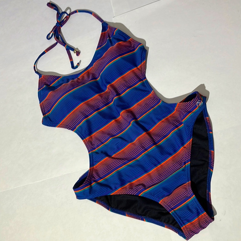 French Connection Sunny Stripe cutout swimsuit one piece Large NEW! Cobalt